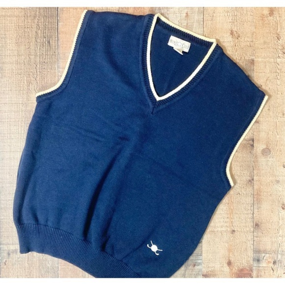 Vintage Hunt‎ Club Navy Blue Cotton V-Neck Golf Sweater Vest Cream Trim XL